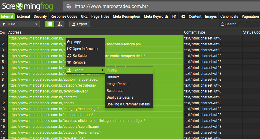 Extraindo urls do SEO Spider